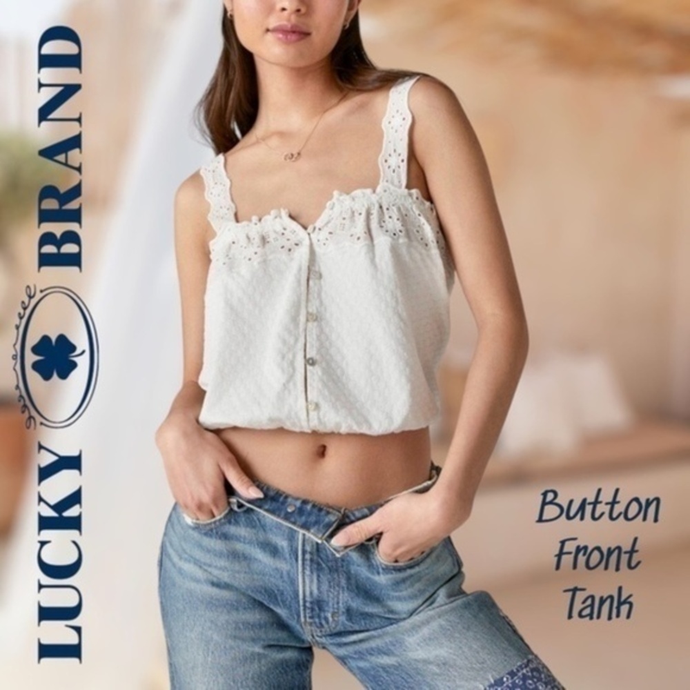 LUCKY BRAND White Cotton Eyelet Button-Front Elastic Hem Tank Top-White/XL/NWT